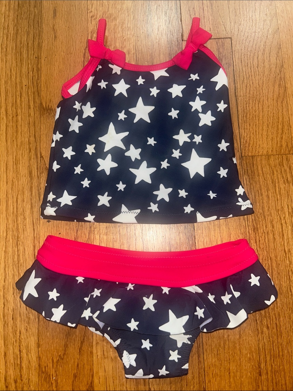 Oshkosh Baby Girl Star Print Tankini Set with Blue and Pink Trim - NWOT 12 Month